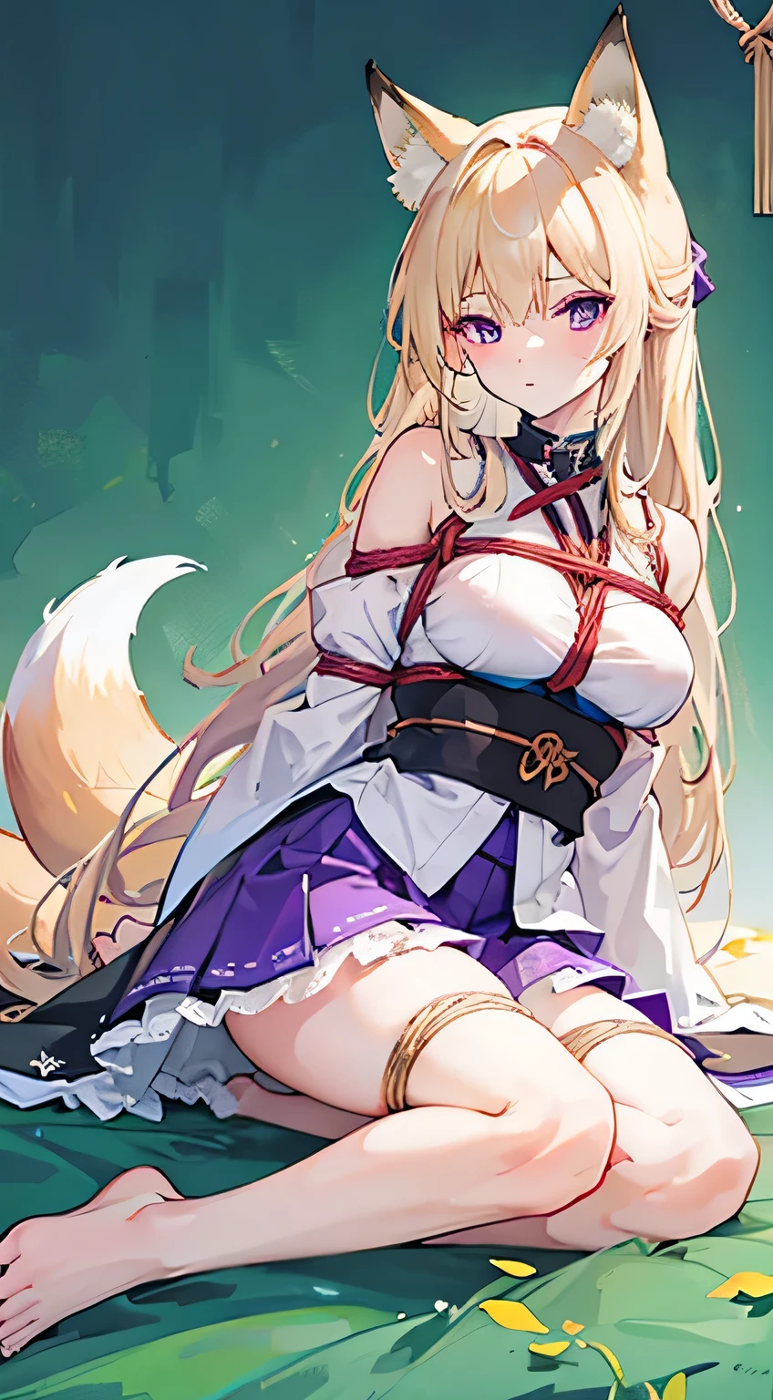 high quality, masterpiece, Very detailed,Long Hair, beautiful girl,Blonde,Purple eyes,Shoulder Bare,Fox Ears,Fox Bush,Japanese style clothing,Short skirt,View you,My body is tied with a rope,My legs are tied with ropes,controlled,bondage,bound,Feet off the ground