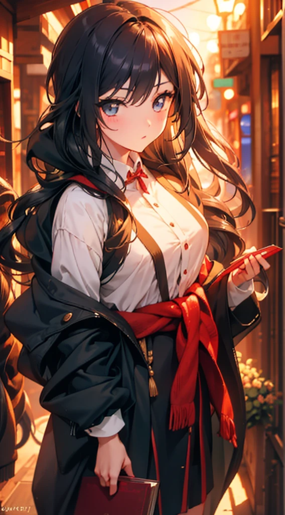  high quality, highly detailed,A young woman with black hair, with a curious gaze and an aura of mystery, wears a wizarding  as she walks through the halls of an ancient magic academy. Her hair cascades over her shoulders, contrasting with the dark fabric adorned with magical symbols of her attire. In her hand, she holds an old book, whose pages seem to pulse with magical energy. Around her, candles flicker, casting dancing shadows on the stone walls. What is the story behind this young wizardess? What secrets does she hold, and what adventures is she about to embark on?