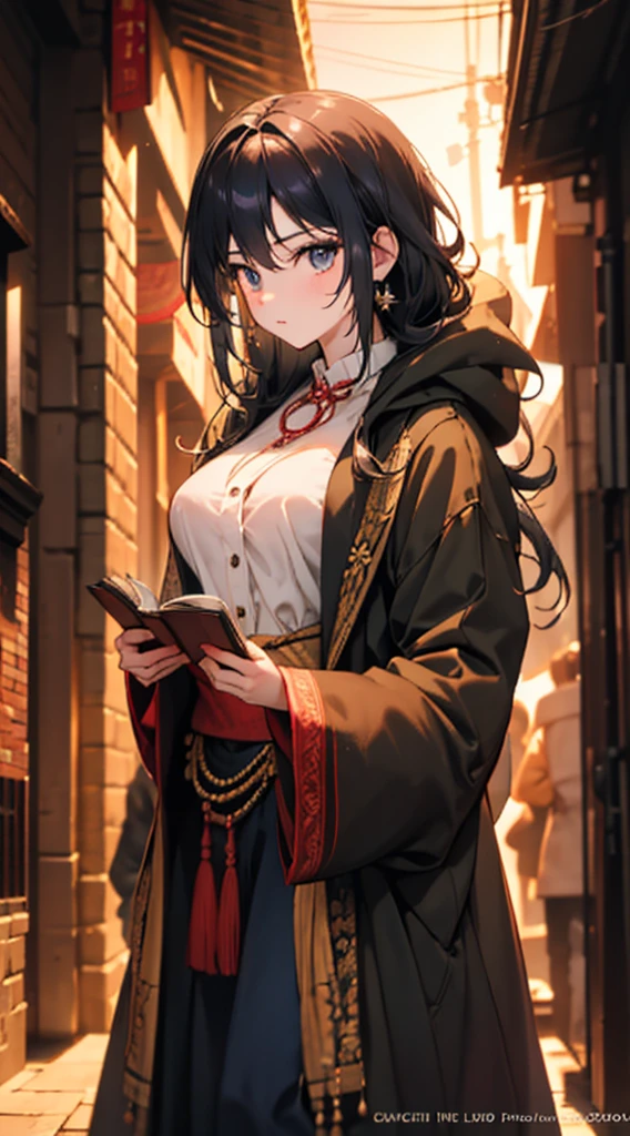  high quality, highly detailed,A young woman with black hair, with a curious gaze and an aura of mystery, wears a wizarding  as she walks through the halls of an ancient magic academy. Her hair cascades over her shoulders, contrasting with the dark fabric adorned with magical symbols of her attire. In her hand, she holds an old book, whose pages seem to pulse with magical energy. Around her, candles flicker, casting dancing shadows on the stone walls. What is the story behind this young wizardess? What secrets does she hold, and what adventures is she about to embark on?