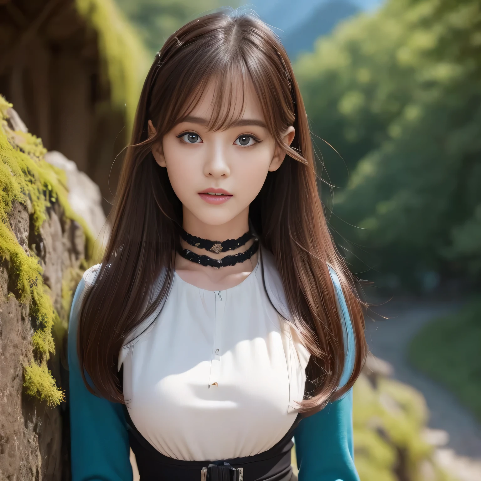 Very beautiful woman, Highly detailed eyes, Highly detailed face,  Sexy and highly detailed lips, Super detailed everything, Attractive woman, Black Choker, blue eyes, Very long eyelashes, bangs, Big Breasts, , highest quality, masterpiece, ((Slim face)), Japanese actress, servant, ((High nose)), ((Mountaineering clothing, Long sleeve)), Happy atmosphere, , ((forest, Deep in the mountains)), （Mountaineering equipment）、mini skirt