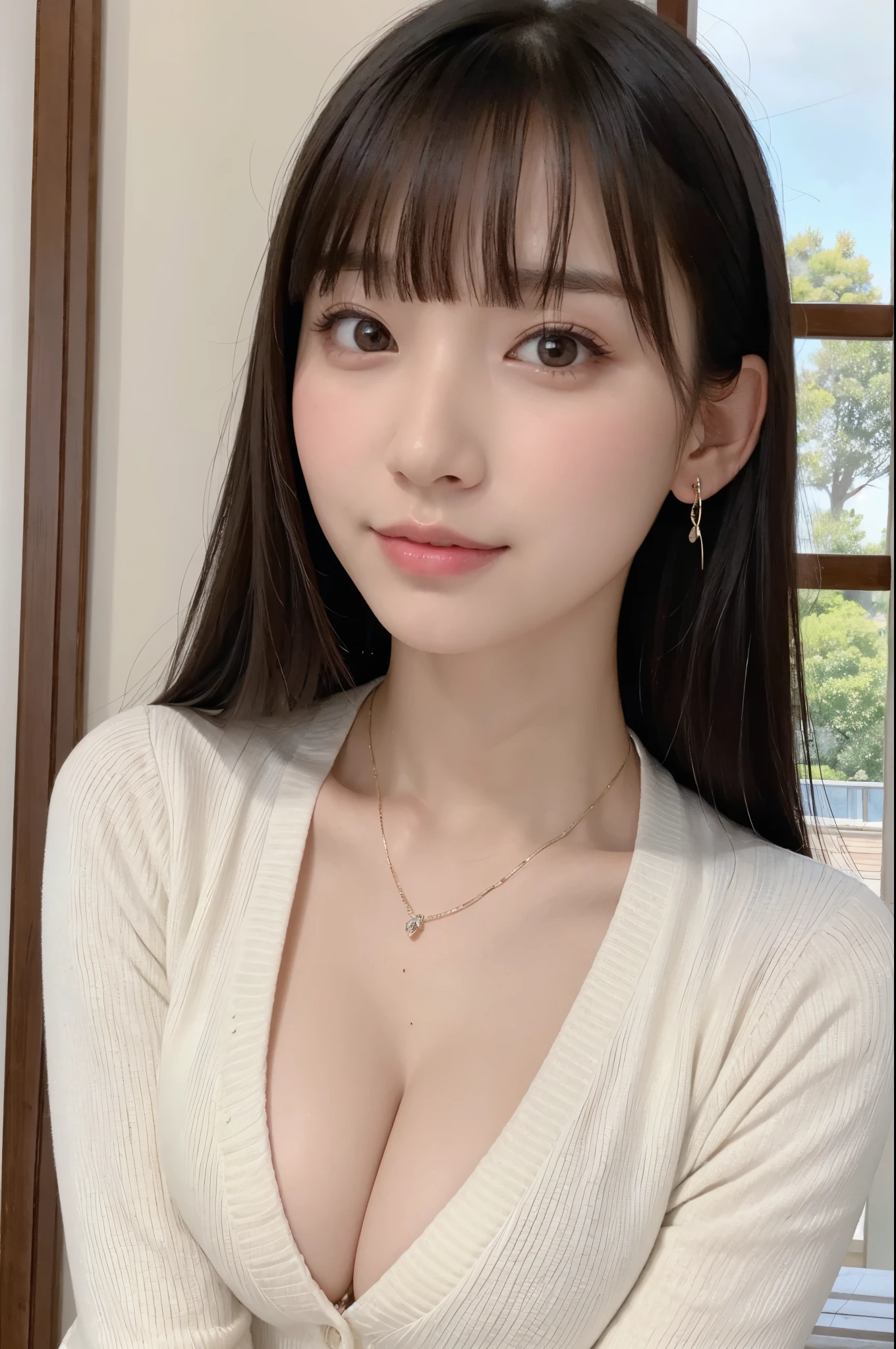 (In 8K, Raw photo, highest quality, Masseter muscle area:1.2), Ultra-detailed, Ultra-high resolution, (Realistic, Realistic photos:1.37), Portrait, High-resolution RAW color photos, Professional photography, hVery detailed and beautiful, Very detailed, 8k wallpaper, Incredibly detailed, Large file size, Official Art, hVery detailed beautiful girl, Very detailed顔, Very detailed目, Very detailed皮膚, Very detailed指, hVery detailed nose, Very detailed詳細な口, Perfect Anatomy, Detailed Background, Detailed clothing, ((1 girl)), 20th Generation, Realistic body, , White skin, Glowing Skin, The body is slim, Black-haired, Beaver, Long Hair, (Blunt bangs: 1.2), Cute face, Delicate eyes, Source Order, (cardigan), Appears up to the thighs, Earrings, (Look at the viewers), Cowboy Shot, Positive, Standing posture, Dynamic Lighting, A seductive smile, Thick lips, Fuller lips, Seductive face, Mischievous face