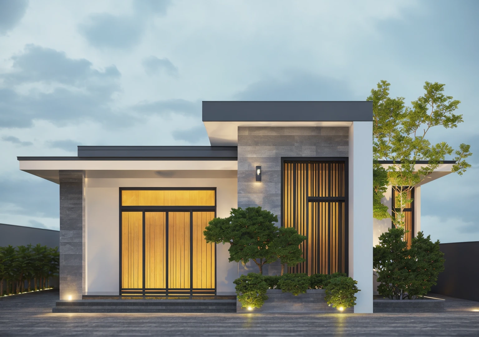 PLATFORM KTHOUSE, 1 morden villa, main material of villa about build color wall:1.2 glass panel:1.1 and stone:1.2, 1large yard, 1 road runs in front of the house, (RAW photo, real, best quality, masterpiece:1.2), look morden minimalist, 1 road in front of the house, dynamic lighting:1.3, (hyper realistic, photo-realistic:1.2), high quality, (dark lighting:1.2), perfect lighting, archdaily, no human