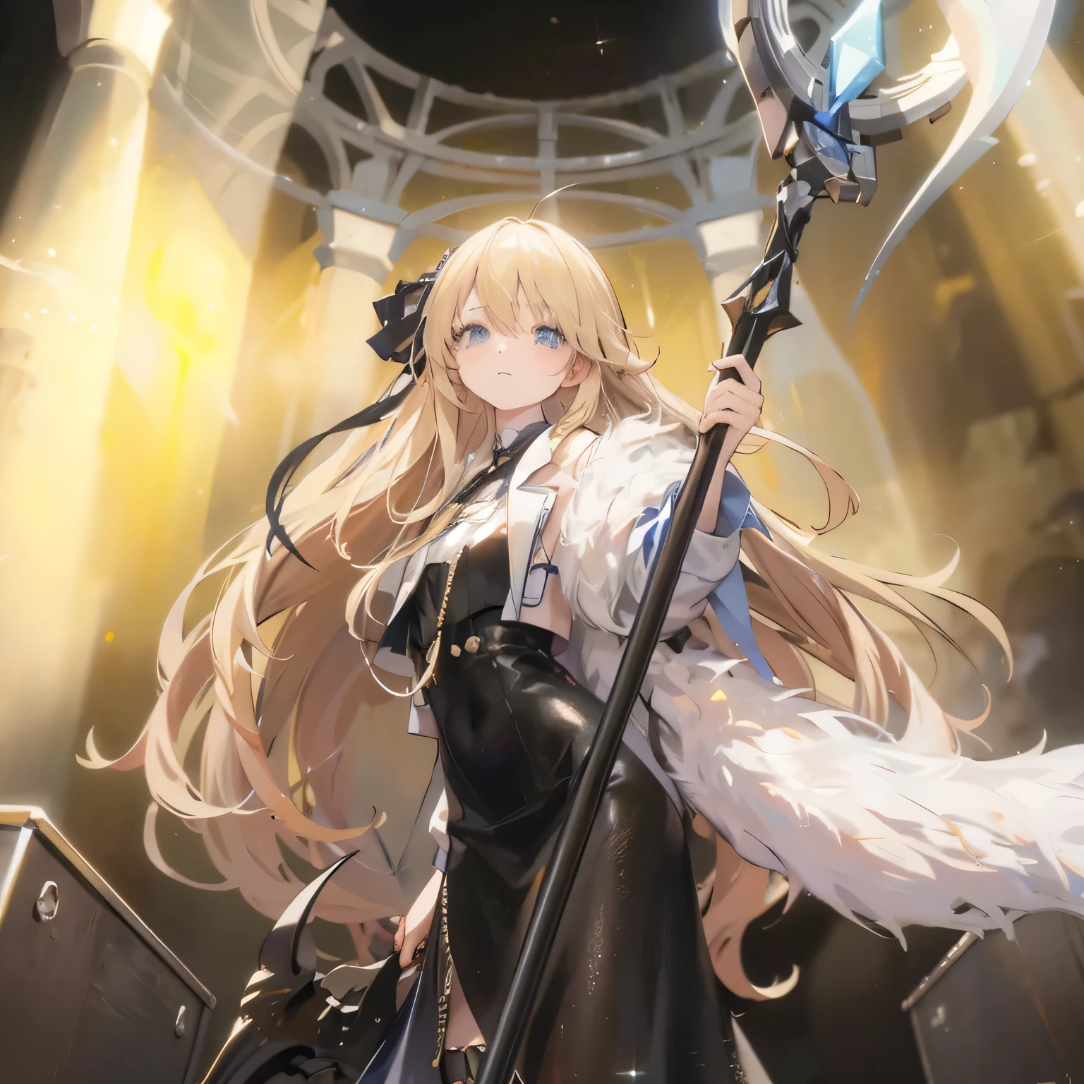 With long yellow hair、blue eyes，Wearing a beautiful black dress，small white jacket, anime art wallpaper 8 k, Anime Wallpaper, Anime style 4k, Anime Art Wallpaper 4K, anime art wallpaper 4k, Beautiful anime style, Beautiful anime girl, long hair anime girl, Cute anime girl, Anime Wallpaper4k
