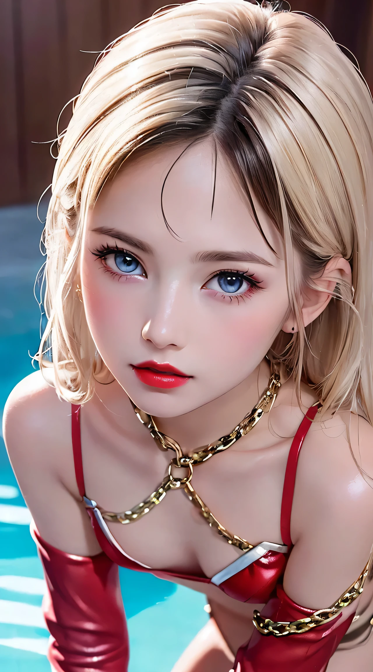 (8K, RAW Photos, of the highest quality, Masterpieces: 1.2), (Realistic, Photorealistic: 1.37),, beautiful (((Japanese cute idle))), ((best quality)), professional lighting, highres, 35 mm lens, f 1/1.4, 18 years old, blonde streaked braid hair, round face, short neck, supergirl, (looking at viewer), (detailed face:1.2), (full body:1.3), (red sparkly plunk lips:1.1), realistic painting, intricate, (realistic eye:0.9), (realistic painting:0.9), beautiful shine blue eyes, (flat chest:0.8), ((small breasts)), smile, embarrassed, strong morning direct light, clean nasal bridge, frozen, soft tits, (sparkly red bikini with loose front opening:1.1), (bound and crucified with mass of chains made of crystal:1.3), armpit, golden bracelets, (many small fine ice crystals:1.1), ribs are faintly visible, bathing, in pool, (shiny skin:1.2), (shiny silky white blonde:1.2), , dark purple eyeshadow, The mouth is visible, Red glowing lipstick, bilaterally symmetrical, open eyes, shoulder armor,
BREAK,
Highest Quality, Ultra High Resolution, light leaks, Dynamic lighting, Slim and smooth skin, (extreme close-up shot:1.3), bright expression, pink, kawaii, cute, young and shiny white shiny skin, Best Looks, Gold reflects light, Platinum blonde hair, Shine brightly, Shiny light hair, (medium hair:1.2), hair tied around her shoulders, silky straight hair, Beautiful bangs that shine, Big blue eyes sparkling, shiny red lips, Like crystal clear, mesmerising, Very nice and lovely 18 year old girl, Lush bust, underboob, Hair is through strong light, (extremely super Erotic:1.25), (Bare chest:1.2), (Small breasts:1.2), Under the breasts, narrow waist, narrow shoulders, gazing at viewer, shiny red bikini, (shiny red knee-high boots:1.4), well-formed, Big smile, very oily skin, hand is thumb and four fingers, outdoors, long eyelashes, round face, (licking shot from below:1.3)