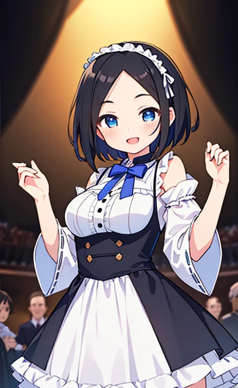 (masterpiece:1.4、top-quality、illustration:1.4,realistic、)、(character focus、breast focus,cowboy shot:1.3)、(1girl),(Open mouth happy smile:1.3),(half closed eyes),cute face,blue eyes、()、
,(stand:1.4),(Shining smile),
,(slender),(idol clothes:1.3),(black short hair hair:1.6,forehead:1.3),(hair ribbon), (medium breasts:1.3)、stage
、slender、