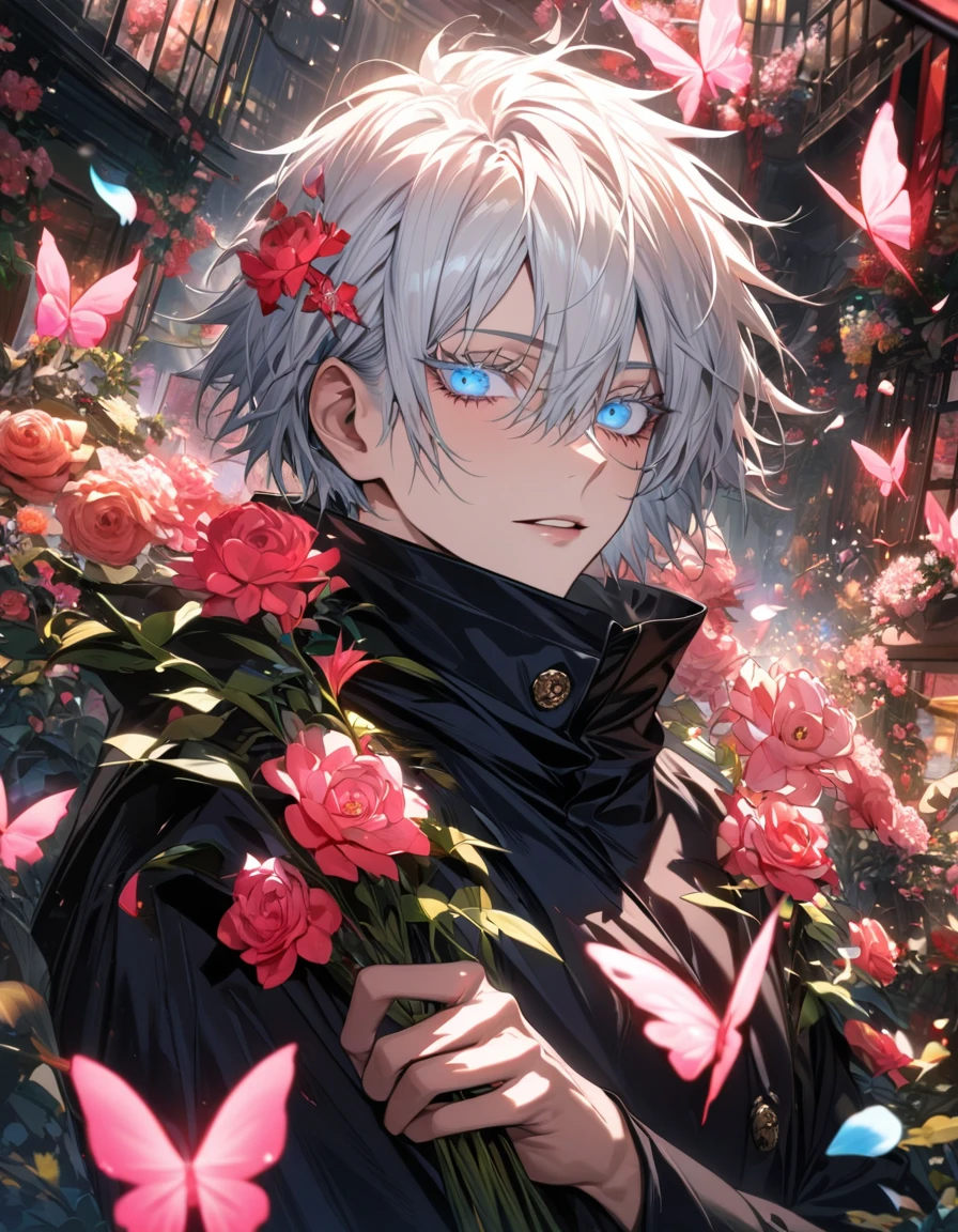 (absurdres, highres, ultra detailed, HDR) master piece, best quality, perfect face, Gojo Satoru, white hair with bangs, hair between the eyes, vibrant blue eyes, white eyelashes, Jujutsu Kaisen, solo, man, handsome, black clothes, glass pink flowers, glass pink petals, glass pink butterflies, glass garden, glass blossoms, everything made with glass