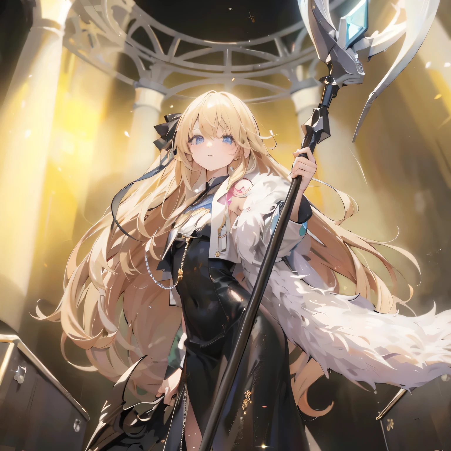 With long yellow hair、blue eyes，Wearing a beautiful black dress，small white jacket, anime art wallpaper 8 k, Anime Wallpaper, Anime style 4k, Anime Art Wallpaper 4K, anime art wallpaper 4k, Beautiful anime style, Beautiful anime girl, long hair anime girl, Cute anime girl, Anime Wallpaper4k