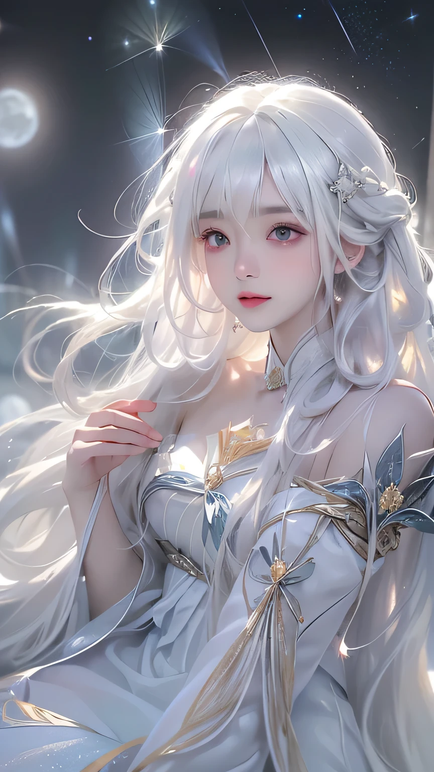 (((From the knee up)), Night view, Stella, (((masterpiece:1.5, detailed:1.4)),, A girl sitting, viewed from above、Backlight, A fantastic atmosphere envelopes the ancient city as the sun sets。At the center of this magical moment is a woman、(White Hair Girl:1.5)and、Her glorious hair、(Backlight)A waterfall of sparkling white threads flows down below.。It exudes a mysterious charm、Suspended particles bloom in the surrounding air、Her beautiful、（Beautiful white and shining skin:1.3）Casts a mysterious glow on。the((A dress as black as the night sky))It is beautiful and decorated、The exposed shoulders give it a feminine look.
