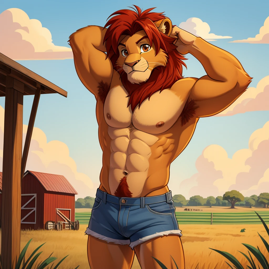 simba, a furry lion, furry, shirtless, muscular, male, masculine, red hair, yellowish fur, brown eyes, hands up behind head, red hairy armpits, cartoony, illustration, sharp focus, soft colours, medium length hair, two blogs haircut, young guy, farm, blue denim shorts, topless, single, alone, wind breeze