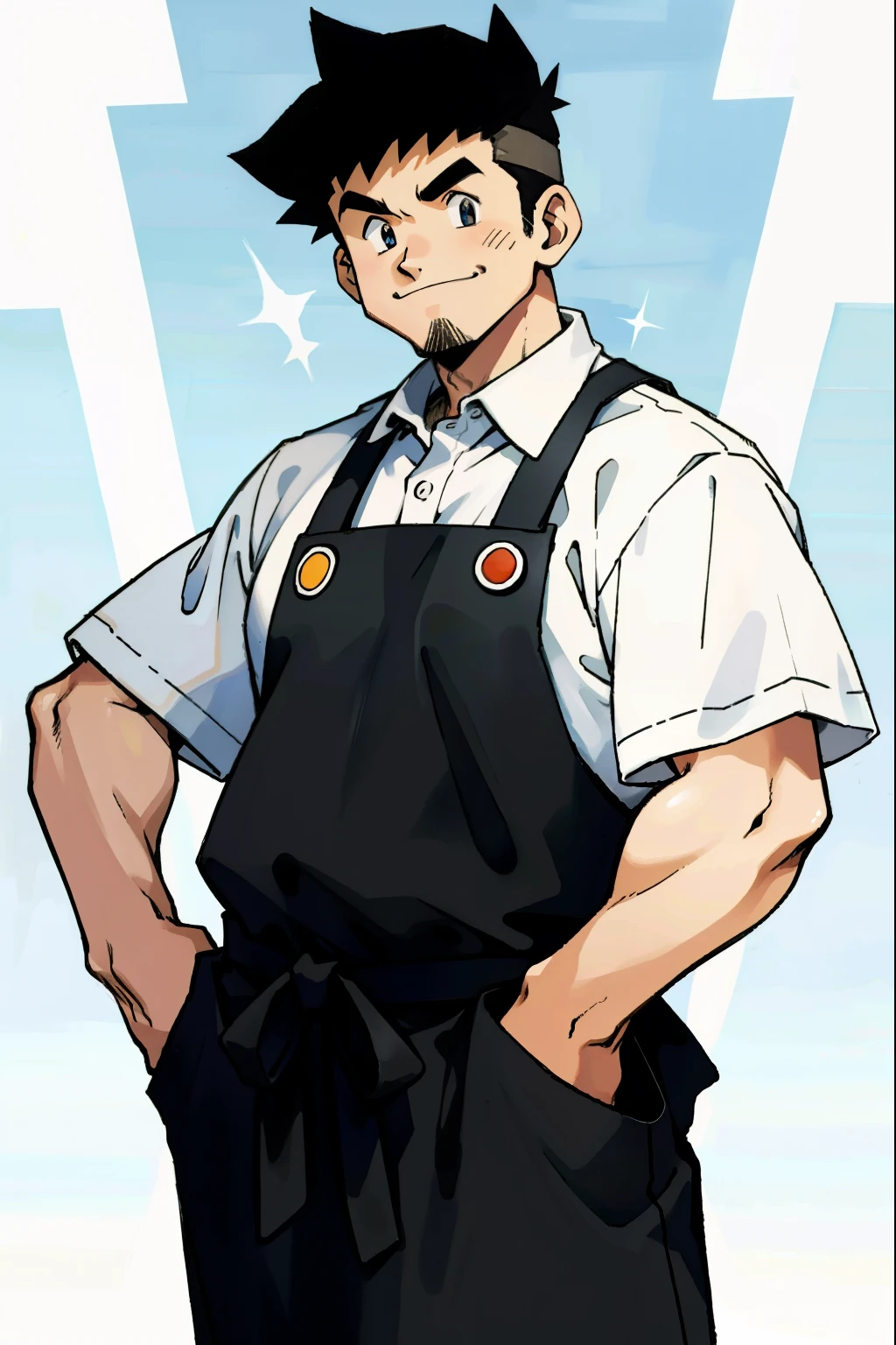 by Ken Sugimori, sugimori 1990s, ((only 1guy)), man, chubby, white collared shirt, apron, muscular, smiling, shouting ((hands behind their back)), full black pupils, manga, best quality, highly detailed, clean lines, cowboy shot, good hands, good eyes, hd, 8k, professional, symmetrical, hires, 8k,