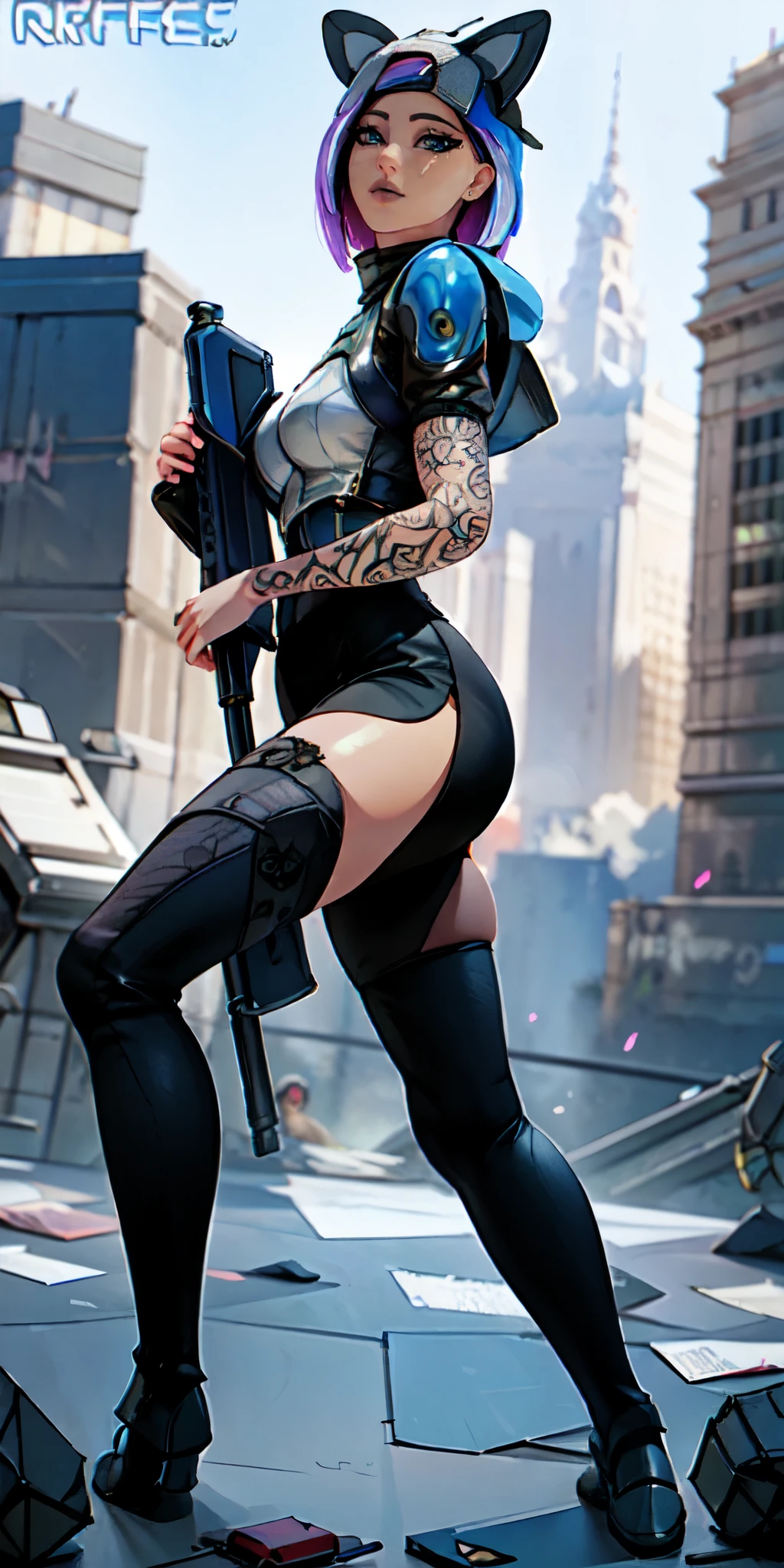 Masterpiece, beautiful art, 8k, art style by sciamano240, very detailed face, detailed clothes, detailed fabric, 1girl, beautiful face, asymmetrical long hair, light blue hair, wearing mass effect armor , holding gun , tight pencil skirt, thigh boots , very detailed blue cat eyes, serious expression, destroyed city, full body view,