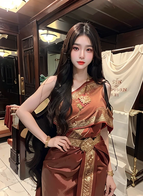 1 woman, Big dark brown eyes with gleaming transparency.、Ancient red Thai dress (ceiling:1.1) ,Bangs that extend to the front of the face、Completely beautiful girl at the age of 18 years、White skin, beautiful, glowing, youthful、Sexy and very good looking.、The face is very cute with perfect beauty.、very long black hair、My hair is long, straight and very sleek.、Double eyelids、eye line、big breasts
