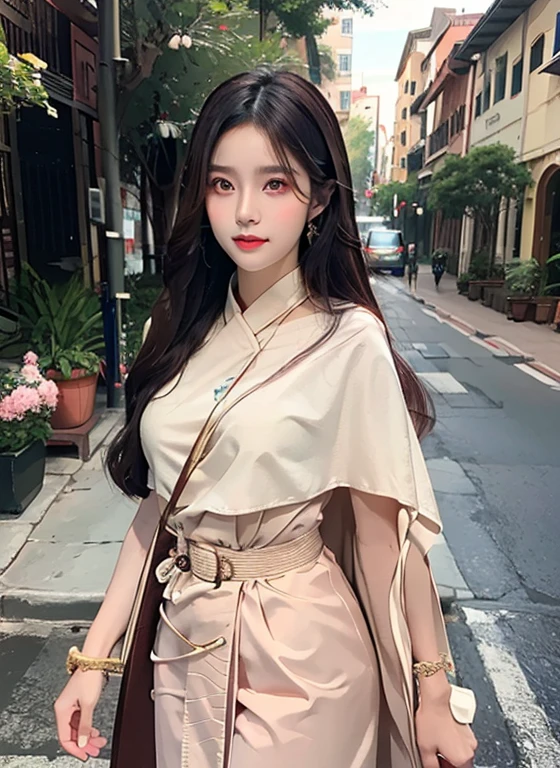 1 woman, Big dark brown eyes with gleaming transparency.、Ancient red Thai dress (ceiling:1.1) ,Bangs that extend to the front of the face、Completely beautiful girl at the age of 18 years、White skin, beautiful, glowing, youthful、Sexy and very good looking.、The face is very cute with perfect beauty.、very long black hair、My hair is long, straight and very sleek.、Double eyelids、eye line、big breasts
