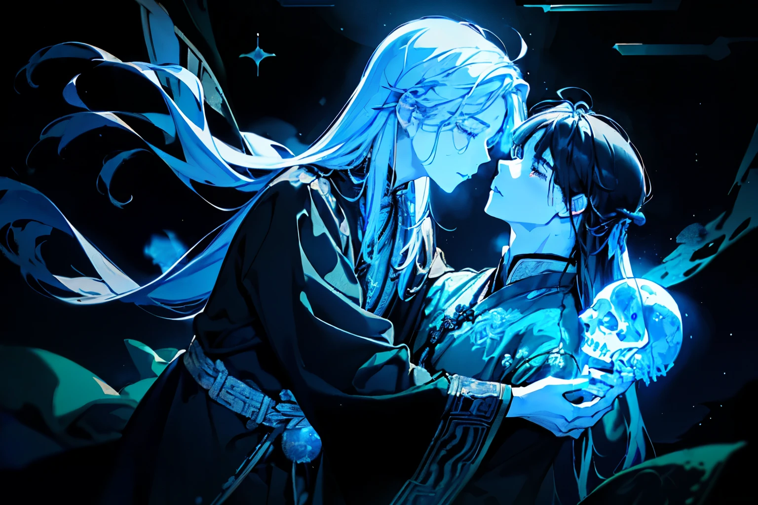 (Two young men around 20 years old:1.25),((Tears flowing:1.25)),((ancient chinese style long-sleeved costume:1.2)),(Long Hair:1.5),(A mysterious atmosphere of black magic),(A space covered in mist:1.2),((Mysterious Skull Crystal:1.3)),(Green and blue and grey),Illuminated flowers々,(corpse:1.3),(soul:1.3),(kiss:1.4)