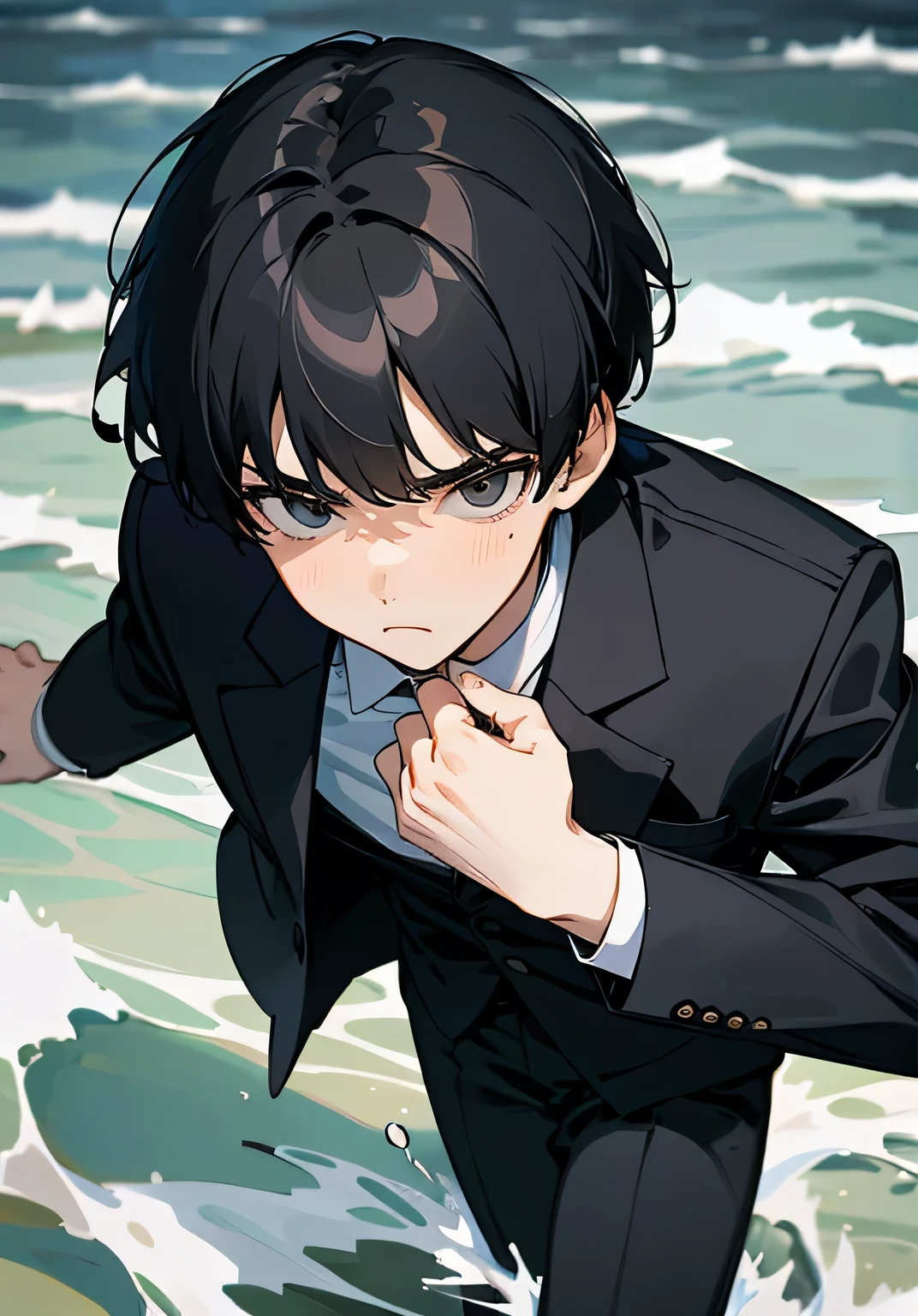 {best quality},Grabbing someone and pushing them into the water、18-year-old man、Short black hair、bangs、suit、Serious face