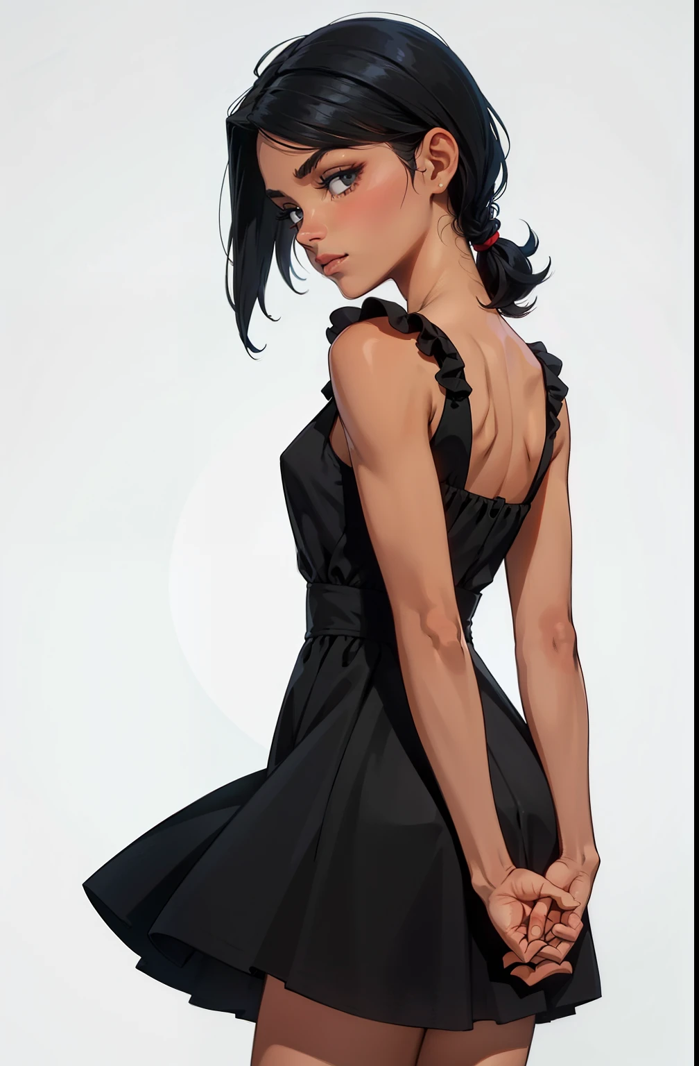 maquiagem, Lips are soft or colored, fundo preto simples, minimalismo, monotonous, paletas de cores vivas, small girl, short dress, shows her feet, short black dress, straight hair tied up, arms crossed looking to the side, perfect anatomy, dynamic pose, perfect hands, wind in the dress
