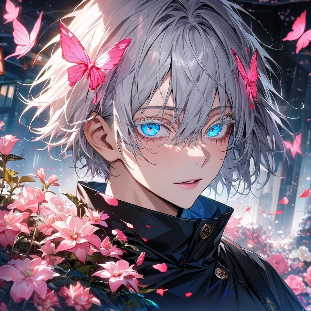 (absurdres, highres, ultra detailed, HDR) master piece, best quality, perfect face, Gojo Satoru, white short hair with bangs, hair between the eyes, vibrant blue eyes, white eyelashes, Jujutsu Kaisen, solo, man, handsome, black clothes, glass pink flowers, glass pink petals, glass pink butterflies, glass garden, glass blossoms, everything made with glass