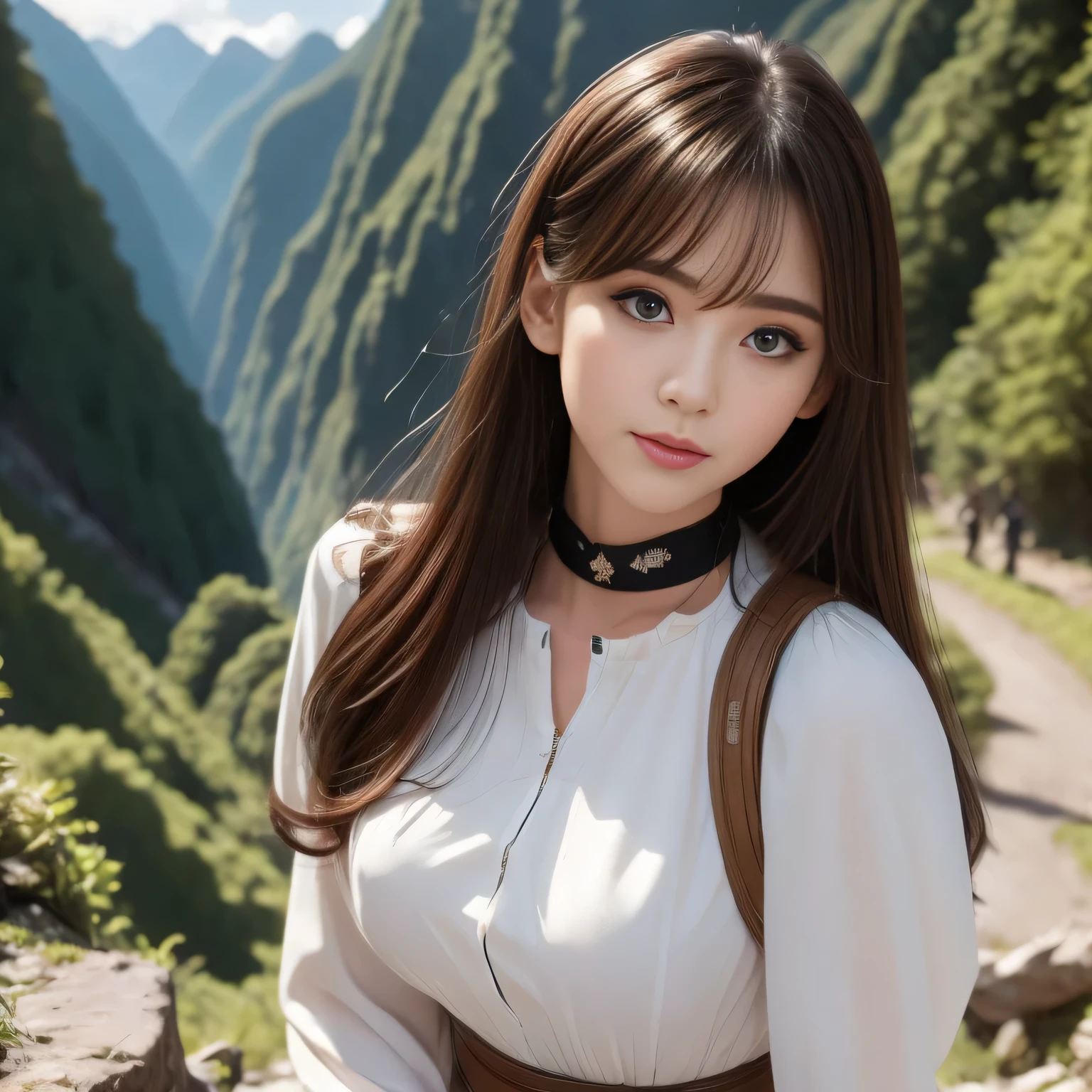 Very beautiful woman, Highly detailed eyes, Highly detailed face,  Sexy and highly detailed lips, Super detailed everything, Attractive woman, Black Choker, blue eyes, Very long eyelashes, bangs, Big Breasts, , highest quality, masterpiece, ((Slim face)), Japanese actress, servant, ((High nose)), ((Mountaineering clothing, Long sleeve)), Happy atmosphere, , ((forest, Deep in the mountains)), （Mountaineering equipment）、mini skirt、Cowboy Shot