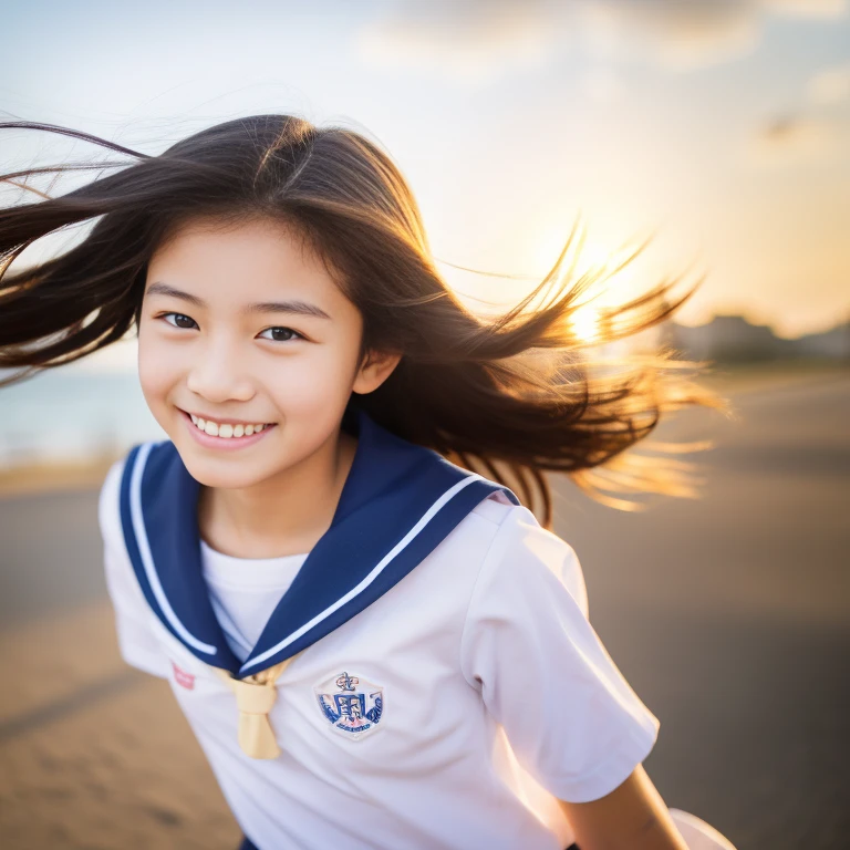 One Girl , , Smiling at the photographer, The eyes are brown, Tabletop, highest quality,(detailed),(upon),Girly Running,high school student, Sailor, outside, On the way to school, (thin:1), Small breasts, The wind is blowing, Sky Blue Seaside,Dazzling sunlight