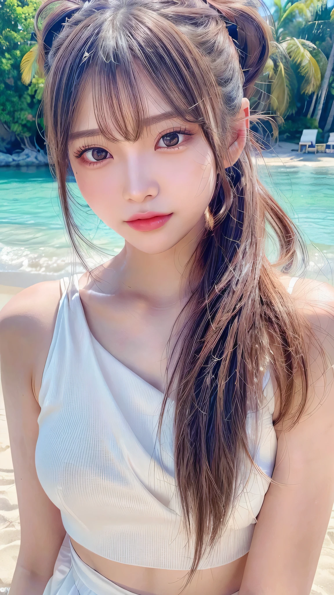 Beach,resort,white bikini,Close-up of face,Blushing,Facing forward,Close-up of face,Small breasts,,Long hair ponytail,((8K, Raw photo, Best Quality, Mastepiece:1.2), (Realism, Photorealistic:1.4), (Highly detailed 8K wallpapers), Depth of written boundary, Cinematic Lighting, Soft Light, Detailed Beauty Eye,Shiny and smooth light brown ponytail, Asymmetrical bangs, Shiny skin, Ultra-detailed skins ,It is high resolution., High detail, Detailed hairstyle, Detailed facial beauty, Hyper-realistic, Perfect limbs, Perfect Anatomy ,1 Japanese girl,Famous Japanese Idols, Perfect female body,A shy smile,Short eyelashes,Double-edged eyelids,Look straight here,Hair style: ponytail,Close-up of face