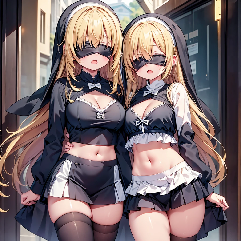 highest quality,wonderful,finely,extremely detailed CG Unity 8K wallpaper, (girl, very long hair, blonde, clothed), (nun :1.2), (small ), (cleavag:1.4), (crop top navel:1.4), (open mouth:1.1), (long tongue:1.1), (mouth drool:1.1), (black stockings:1.1),(Thighs:1.2),(Waistline:1.2),(black blindfold, blin:1.5)