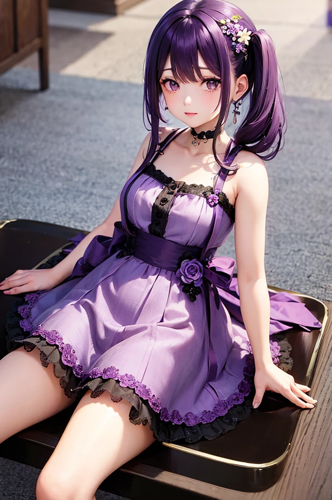 Pretty woman,Purple hair two buns,detailed blue eyes,Short chiffon dress,She sits on the floor with her legs crossed, Squat,  with dress up, 巨作, Best Quality, soft lighting
