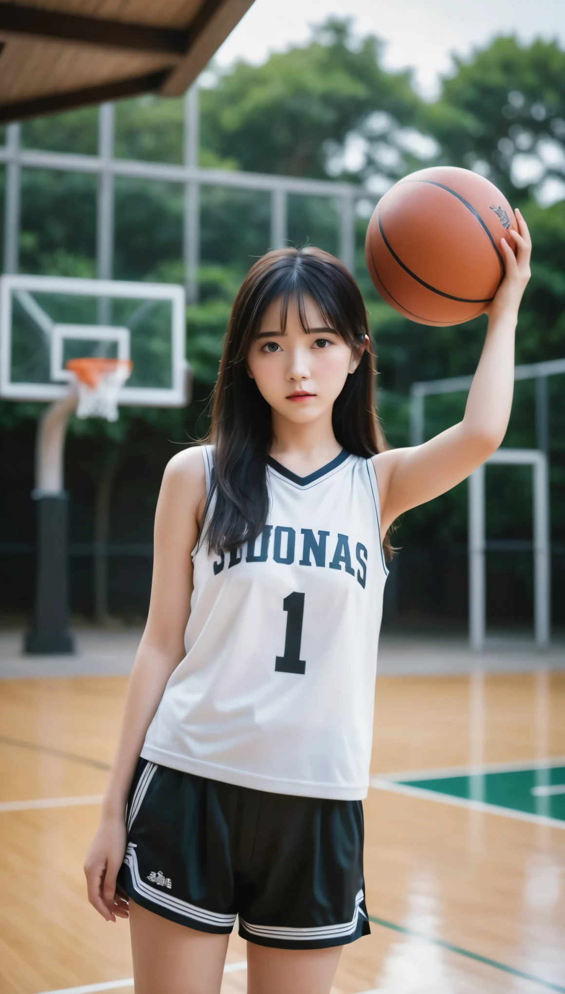 highest quality、masterpiece、live-action、Realistic、High resolution、4k、Japanese、whole body、Black Hair、、Cute Girls、、Serious expression、Play Basketball、The moment the shot is taken、Hold the ball、Raise your arms、I can see the side、Basketball Uniforms、The background is a basketball court -- 9:16