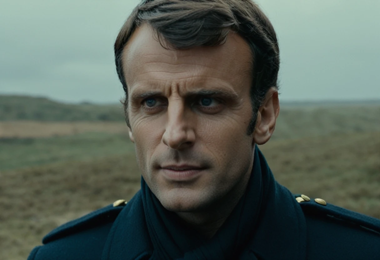 cinematographic film still a film photo of Emmanuel Macron, dormir, Yeux ouvert, Trench noir, Scene from the movie&#39;action Matrix, Firearms, ralenti, photo d&#39;action, "Bank scene" . faible profondeur de champ, vignette, Very detailed, film hollywoodien à gros budget, Bokeh, Cinemascope, (lunatique:1.44), epic, Magnifique, Grain du film, granuleux, vue de face