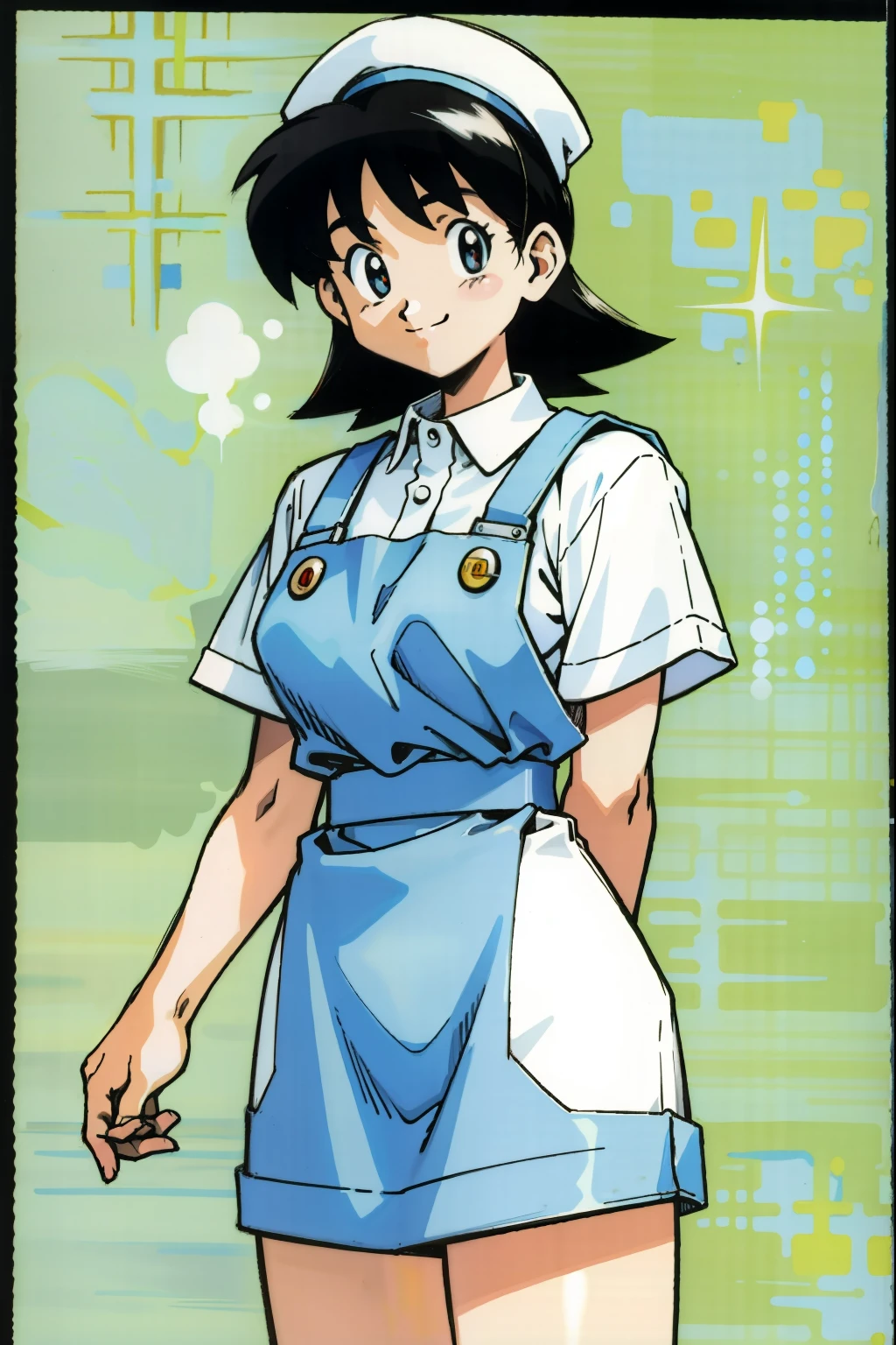 by Ken Sugimori, sugimori 1990s, ((only 1girl)), woman, chubby, white collared shirt, apron, muscular, smiling, shouting ((hands behind their back)), full black pupils, manga, best quality, highly detailed, clean lines, cowboy shot, good hands, good eyes, hd, 8k, professional, symmetrical, hires, 8k,