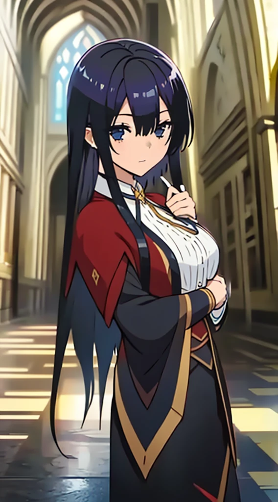 high quality, highly detailed,A young woman with black hair, with a curious gaze and an aura of mystery, wears a wizarding as she walks through the halls of an ancient magic academy. Her hair cascades over her shoulders, contrasting with the dark fabric adorned with magical symbols of her attire. In her hand, she holds an old book, whose pages seem to pulse with magical energy. Around her, candles flicker, casting dancing shadows on the stone walls. What is the story behind this young wizardess? What secrets does she hold, and what adventures is she about to embark on?