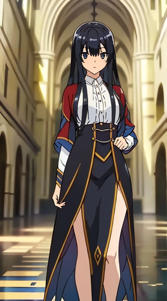 high quality, highly detailed,A young woman with black hair, with a curious gaze and an aura of mystery, wears a wizarding as she walks through the halls of an ancient magic academy. Her hair cascades over her shoulders, contrasting with the dark fabric adorned with magical symbols of her attire. In her hand, she holds an old book, whose pages seem to pulse with magical energy. Around her, candles flicker, casting dancing shadows on the stone walls. What is the story behind this young wizardess? What secrets does she hold, and what adventures is she about to embark on?