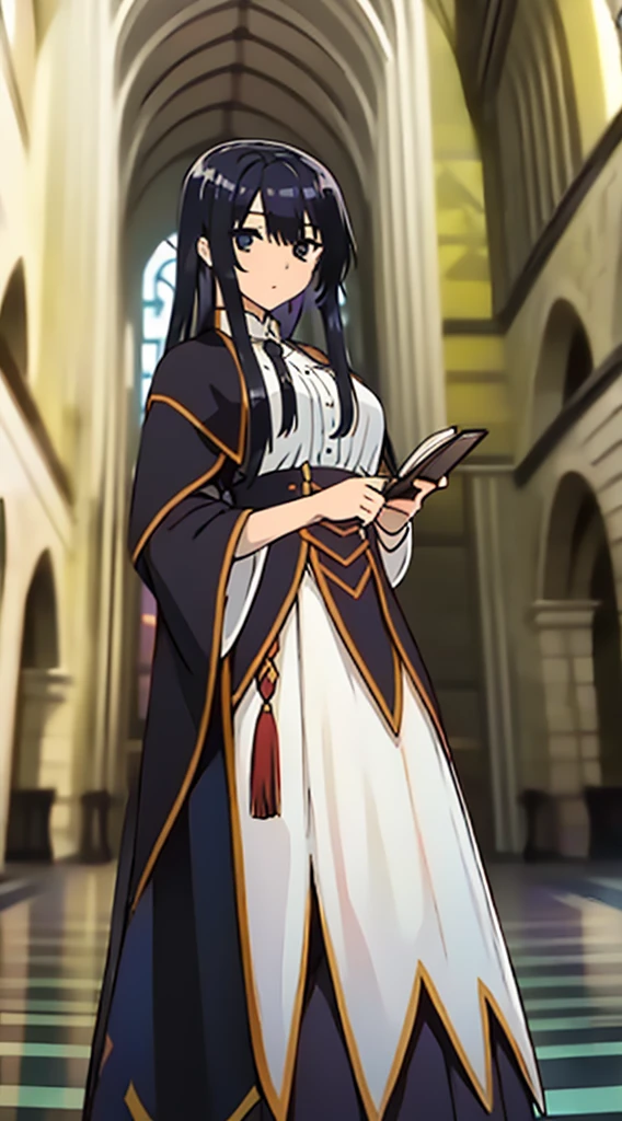 high quality, highly detailed,A young woman with black hair, with a curious gaze and an aura of mystery, wears a wizarding as she walks through the halls of an ancient magic academy. Her hair cascades over her shoulders, contrasting with the dark fabric adorned with magical symbols of her attire. In her hand, she holds an old book, whose pages seem to pulse with magical energy. Around her, candles flicker, casting dancing shadows on the stone walls. What is the story behind this young wizardess? What secrets does she hold, and what adventures is she about to embark on?