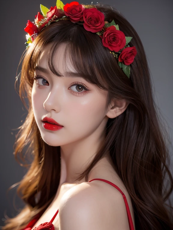 (masterpiece),(best quality:1.0), (ultra highres:1.0), detailed illustration, 8k, anime, 1girl, beautiful girl, wearing a red dress, flower crown, pretty face, detailed face, beautiful eyes, detailed eyes, dark red eyes, bright red lips, red lipstick, beautiful stylish hair, highlights in hair, bangs style, best quality, vibrant