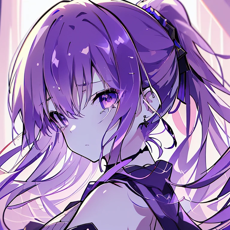 (High resolution,masterpiece,highest quality,wonderful)Purple Hair,Long Hair,ponytail,Purple Eyes,Sharp Eyes,Sad expression,Tears,Straight face,Gazing into the distance,evening,Backlight,cool,Look to the side,gorgeous,Earrings,choker