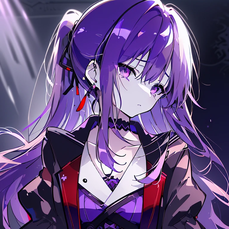 (High resolution,masterpiece,highest quality,wonderful)Purple Hair,Long Hair,ponytail,Purple Eyes,Sharp Eyes,Sad expression,Tears,Straight face,Gazing into the distance,evening,Backlight,cool,Look to the side,gorgeous,Earrings,choker