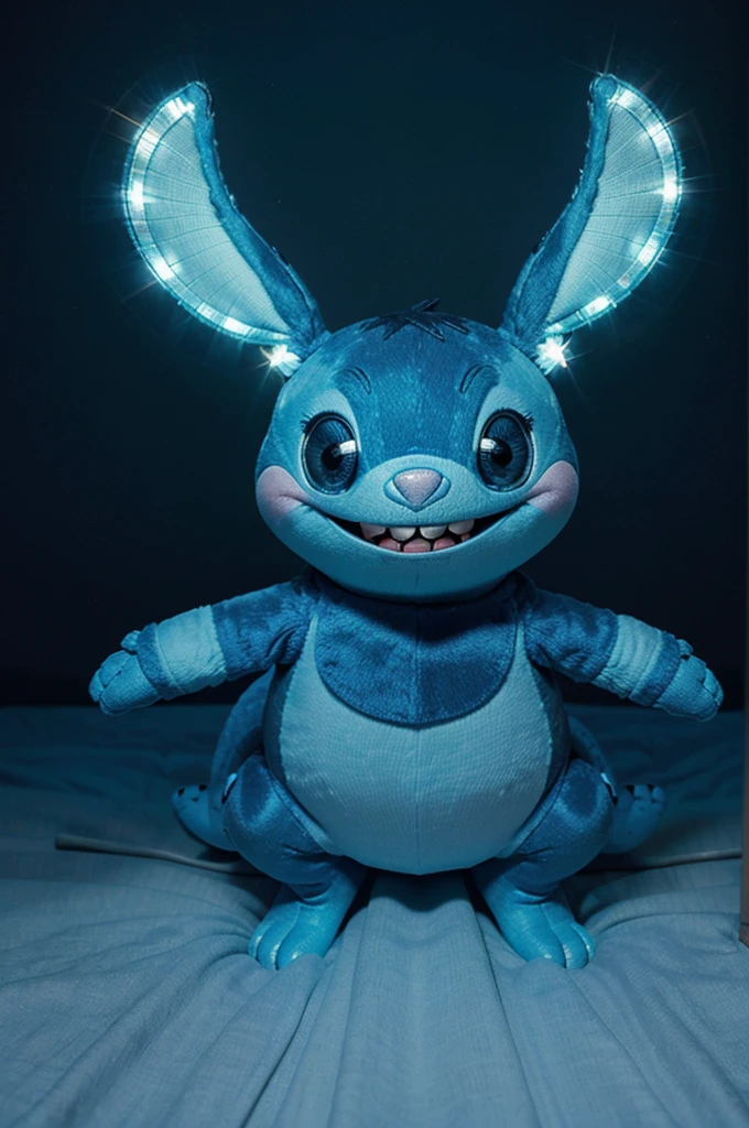 Stich sonriendo y que tenga luces brillantes en forma de estrella alrededor