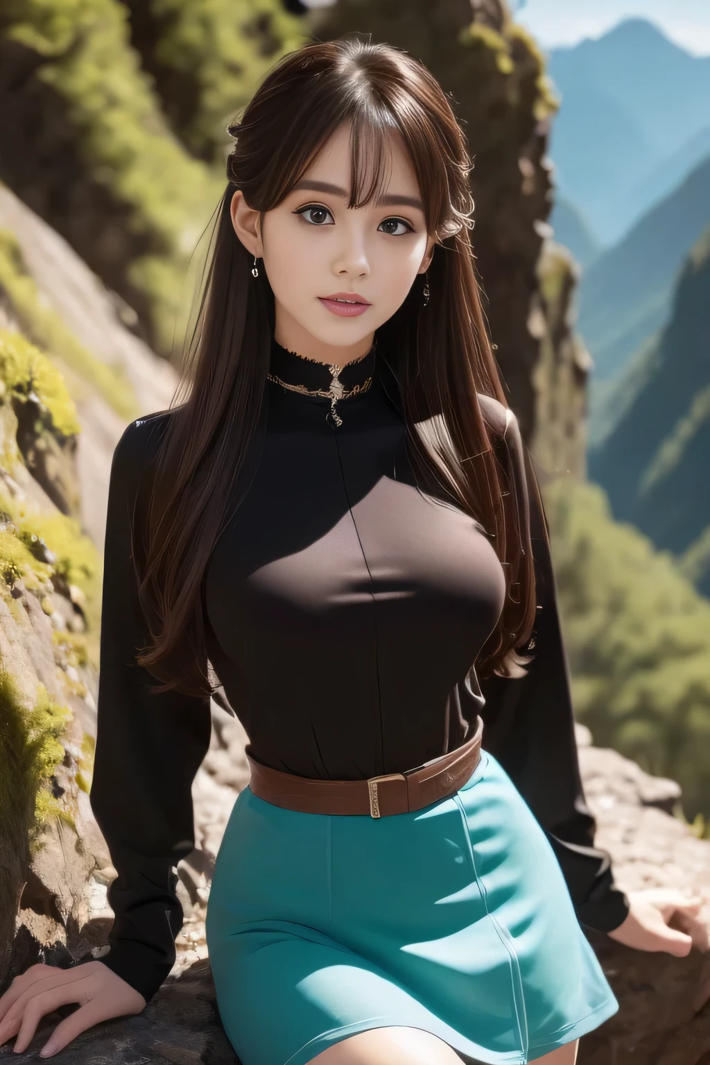 Very beautiful woman, Highly detailed eyes, Highly detailed face,  Sexy and highly detailed lips, Super detailed everything, Attractive woman, Black Choker, blue eyes, Very long eyelashes, bangs, Big Breasts, , highest quality, masterpiece, ((Slim face)), Japanese actress, servant, ((High nose)), ((Mountaineering clothing, Long sleeve)), Happy atmosphere, , ((forest, Deep in the mountains)), （Mountaineering equipment）、mini skirt、Cowboy Shot