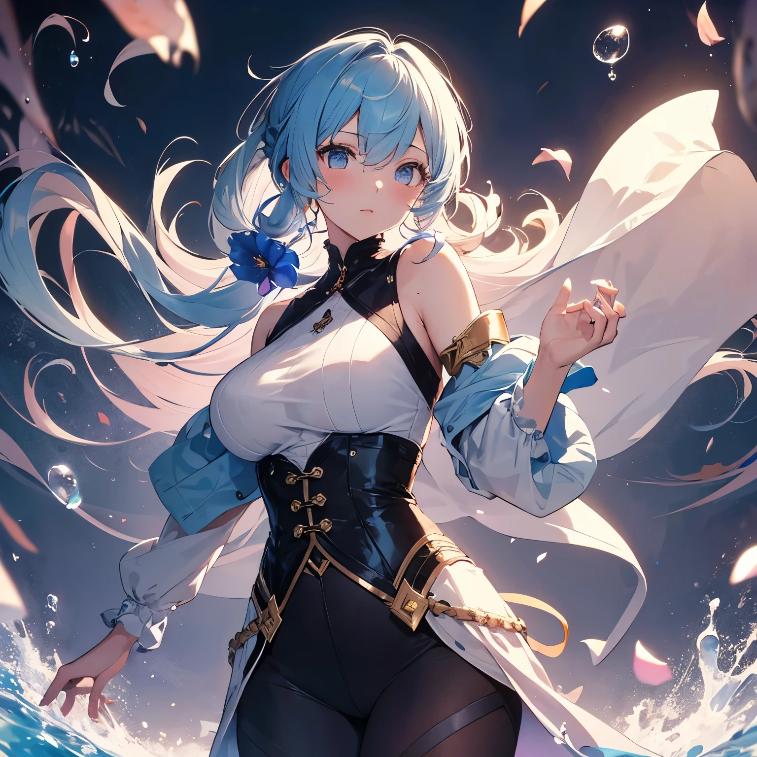 (masterpiece), (highest quality), (Super detailed),(Disheveled Hair),(figure), (One girl), (Fashionable clothes), Are standing, Fashion Model, View your viewers, (interview), (Simple Background),Beautiful fine details, Delicate and beautiful face, floating,(High saturation),(Colorful splashes),Colorful bubbles,(The Shining), Focus on the face, ponytail, kamisato ayaka, Light blue hair, bangs, Hair Ring, Floating Flowers, Floating hair, (The Shining), Best lighting, Best Shadow,Huge Breasts