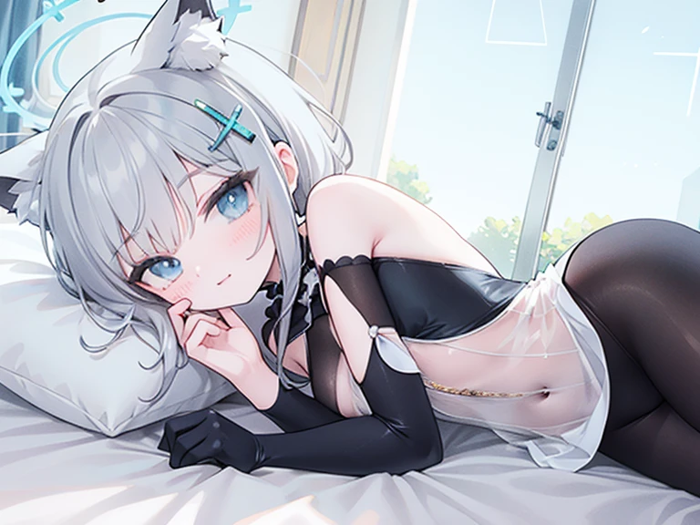 shiroko_bluearchive,beast ears,looking at viewer, little smile,pure white maid dress, maid, slim, dizzy, big-chest, wide hips, perfect waist, day atmosphere, hair ornament,legwear,pantyhose,lying on bed