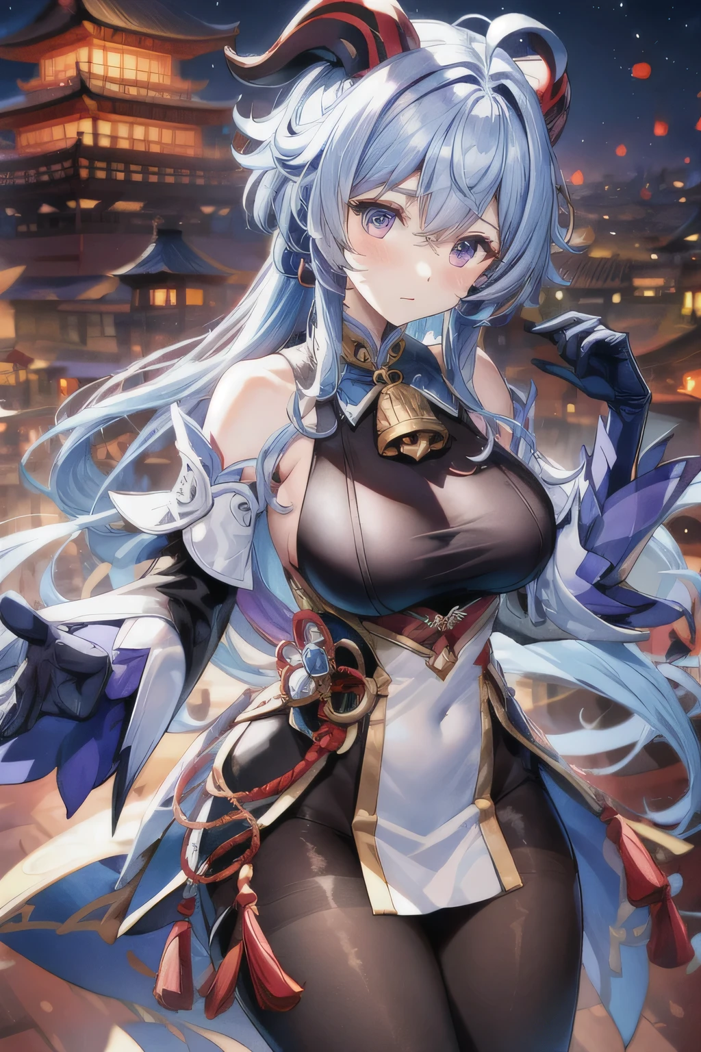 Hired\(Genshin Impact\), One girl, Ahoge, architecture, bangs, Exposing shoulders, Bell, black Glovess, black tights, ((Blue Hair), blush, chest, Chinese knot, sleeve, East Asian architecture, Flower knot, Gloves, Horn, Long Hair, Looking at the audience, chest wall, neckBell, night, Outdoor, pantyhose, Purple eyes, Sideburns, alone, Tassel, white sleeves, ((masterpiece)),80 denier tights
