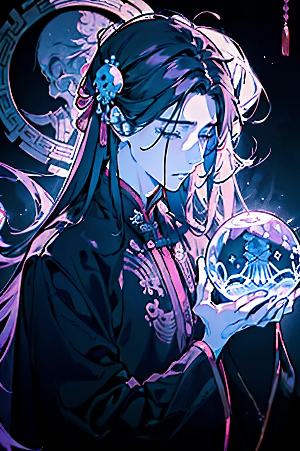 (Two young men around 20 years old:1.25),((Tears flowing:1.25)),((ancient chinese style long-sleeved costume:1.2)),(Long Hair:1.5),(Hair tied up:1.1),(A mysterious atmosphere of black magic),(A space covered in mist:1.2),((Mysterious Skull Crystal:1.3)),(Pink, purple and grey),Illuminated flowers々,(corpse:1.3),(soul:1.3),(kiss:1.4)