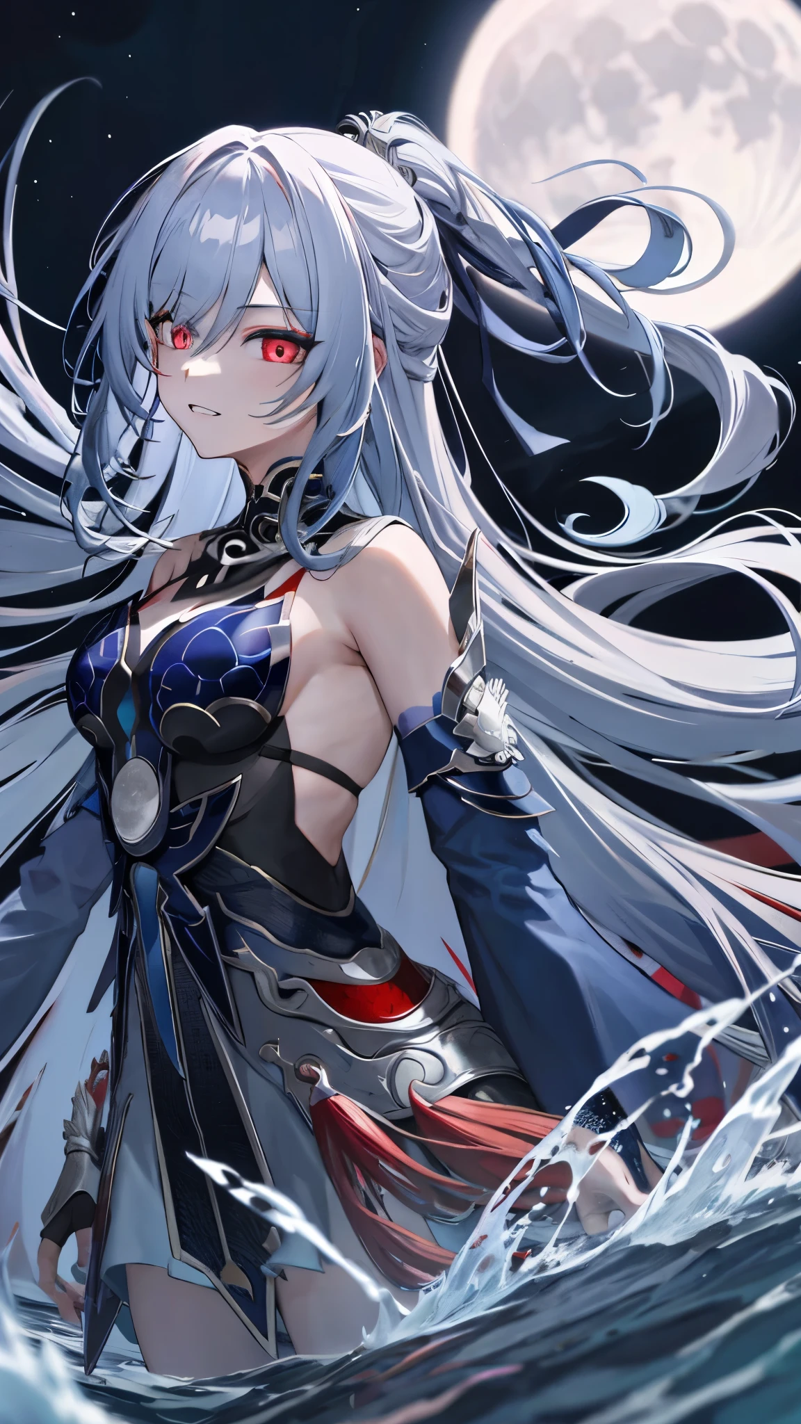 Long Hair、Light blue hair、Red eyes、night、full moon、lake、Whole body image、Fight、crazy smile