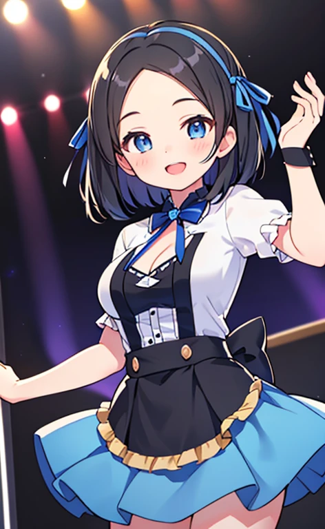 (masterpiece:1.4、top-quality、illustration:1.4,realistic、)、(character focus、breast focus,cowboy shot:1.3)、(1girl),(Open mouth happy smile:1.3),(half closed eyes),cute face,blue eyes、()、
,(stand:1.4),(Shining smile),
,(slender),(idol clothes:1.3),(black short hair hair:1.6,forehead:1.3),(hair ribbon1.3), (medium breasts:1.3)、stage
、slender、