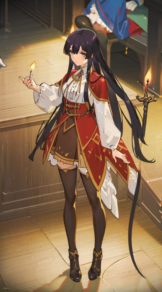 high quality, highly detailed,A young woman with black hair, with a curious gaze and an aura of mystery, wears a wizarding as she walks through the halls of an ancient magic academy. Her hair cascades over her shoulders, contrasting with the dark fabric adorned with magical symbols of her attire. In her hand, she holds an old book, whose pages seem to pulse with magical energy. Around her, candles flicker, casting dancing shadows on the stone walls. What is the story behind this young wizardess? What secrets does she hold, and what adventures is she about to embark on?