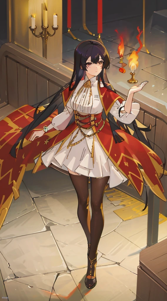 high quality, highly detailed,A young woman with black hair, with a curious gaze and an aura of mystery, wears a wizarding as she walks through the halls of an ancient magic academy. Her hair cascades over her shoulders, contrasting with the dark fabric adorned with magical symbols of her attire. In her hand, she holds an old book, whose pages seem to pulse with magical energy. Around her, candles flicker, casting dancing shadows on the stone walls. What is the story behind this young wizardess? What secrets does she hold, and what adventures is she about to embark on?