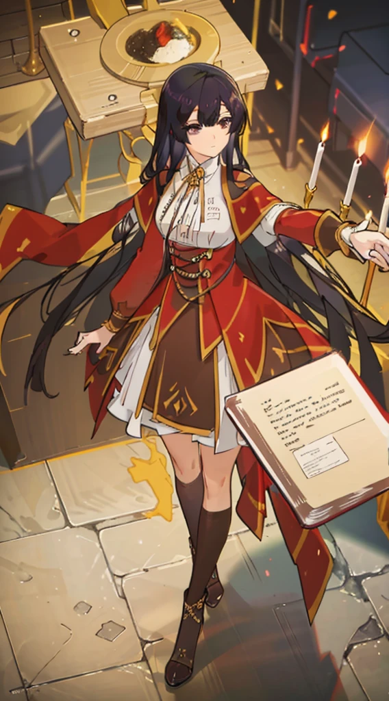 high quality, highly detailed,A young woman with black hair, with a curious gaze and an aura of mystery, wears a wizarding as she walks through the halls of an ancient magic academy. Her hair cascades over her shoulders, contrasting with the dark fabric adorned with magical symbols of her attire. In her hand, she holds an old book, whose pages seem to pulse with magical energy. Around her, candles flicker, casting dancing shadows on the stone walls. What is the story behind this young wizardess? What secrets does she hold, and what adventures is she about to embark on?