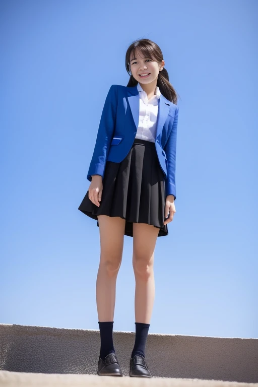 One girl, alone,From below,blue sky,smile,Black Blazer Clothing,Black Skirt, shirt, View your viewers,