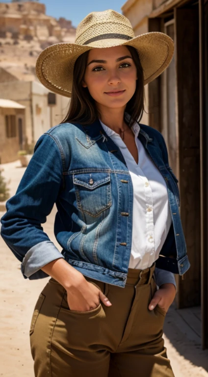 Chef-d&#39;hyperrealistic close-up photo work, best quality, (photorealistic:1.4), (costume de cow-boy, veste sur chemise, pantalon sale, chapeau de cowboy) Create masterpieces&#39;dystopian work. Western theme, poussiéreuse atmosphere, Bâtiments en bois, un soleil couchant qui projette de longues ombres, old and worn suits, l&#39;attente est dans l&#39;air, Des affrontements intenses, rue vide, City of the Desert, Belle femme, maigre, gros gros seins, straight dark brown hair, detailed face, sourire, In front of the camera, photo prise de loin, femme latine âgée de 25 ans,