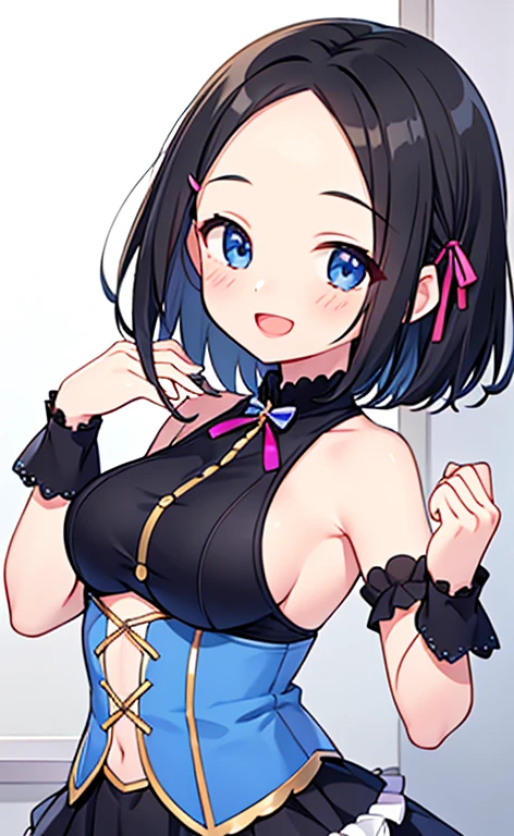 (masterpiece:1.4、top-quality、illustration:1.4,realistic、)、(character focus、breast focus,cowboy shot:1.3)、(1girl),(Open mouth happy smile:1.3),(half closed eyes),cute face,blue eyes、()、
,(stand:1.4),(Shining smile),
,(slender),(idol clothes:1.3),(black short hair hair:1.6,forehead:1.3),(hair ribbon1.3), (medium breasts:1.3)、stage
、slender、