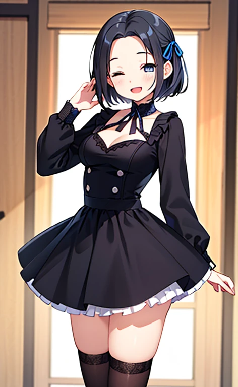 (masterpiece:1.4、top-quality、illustration:1.4,realistic、)、(character focus、breast focus,cowboy shot:1.3)、(1girl),(Open mouth happy smile:1.3),(half closed eyes),cute face,blue eyes、()、
,(stand:1.4),(Shining smile),
,(slender),(idol clothes:1.3),(black short hair hair:1.6,forehead:1.3),(hair ribbon1.3), (medium breasts:1.3)、stage
、slender、